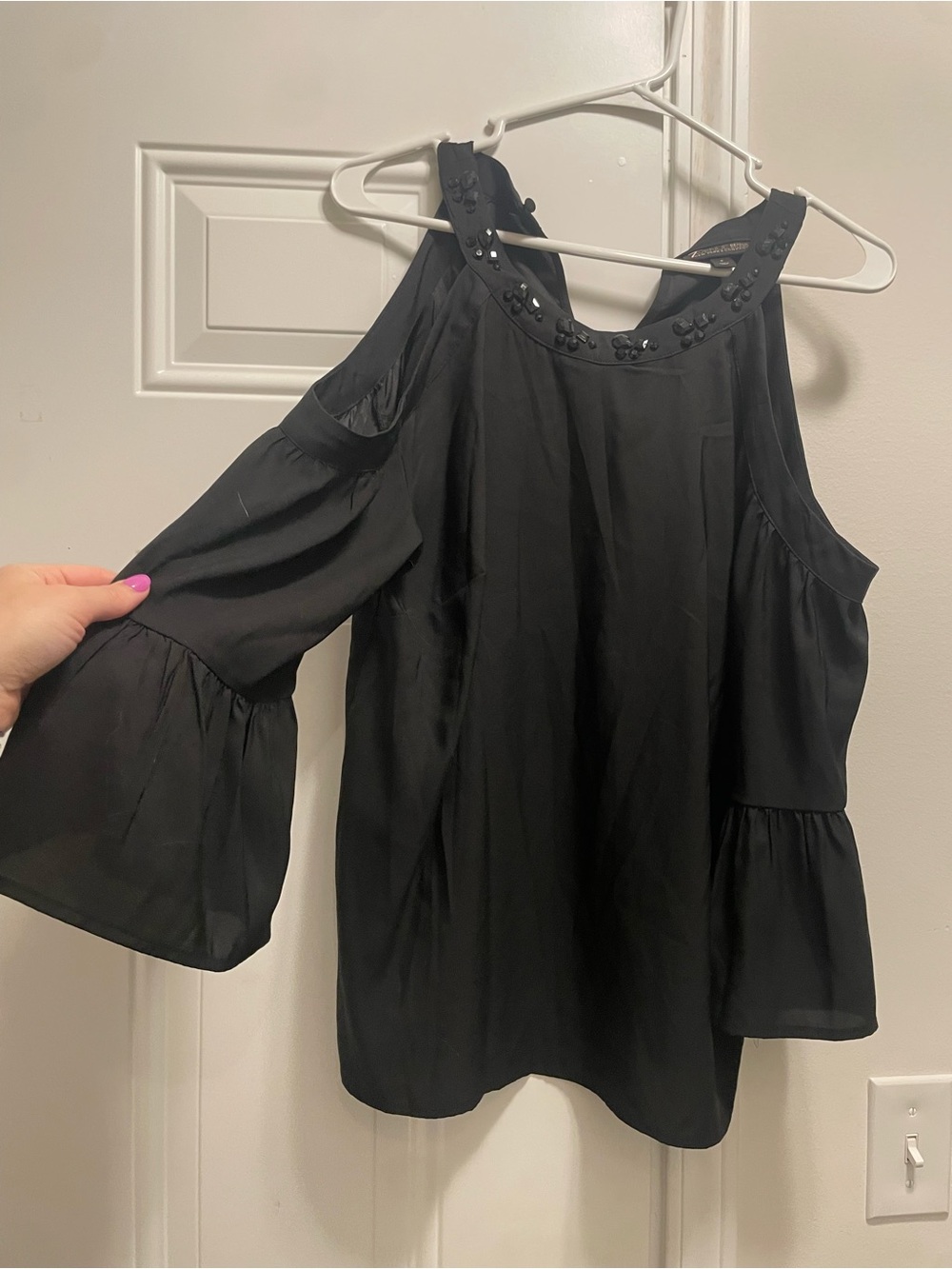 New York & Company Womens Black Cold-Shoulder Beaded Neck Blouse